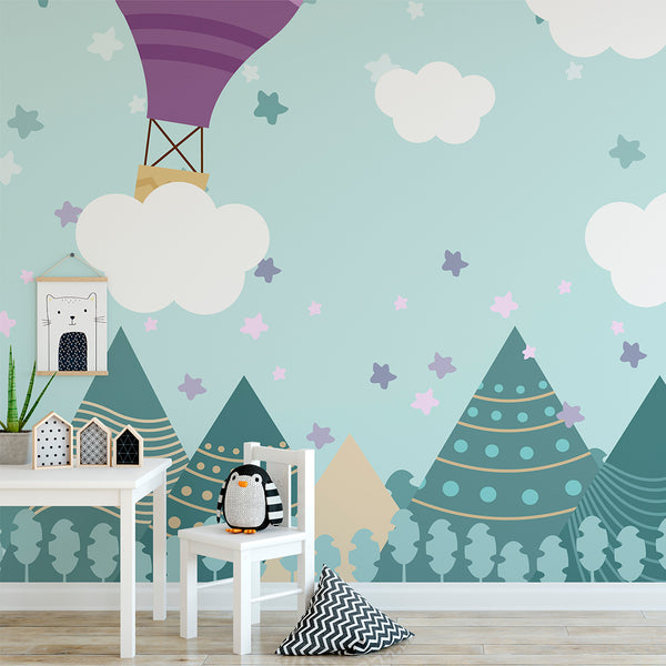 Mountain Peaks & Air Balloon Wall Mural CCM019 - CostaCover - Peel and stick Removable Wallpaper - accent wallpaper - adhesive wallpaper - air balloon