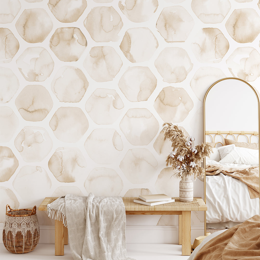 Self Adhesive Watercolor Honeycomb Beige Tan Hexagon Bee Pattern Wallpaper CC251