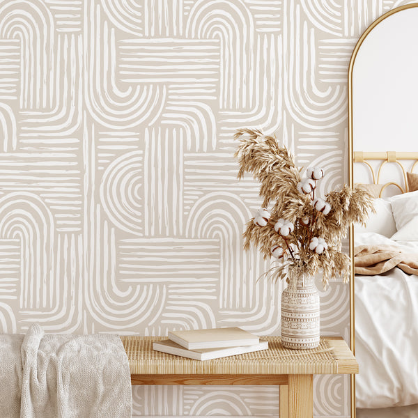 Beige Boho Arches Wallpaper CC274 - CostaCover - Peel and stick Removable Wallpaper - Abstract Beige Gold Stripes Waves Removable Wallpaper - Abstract Beige Gold Stripes Waves Removable Wallpaper near me - Abstract Beige Gold Stripes Waves Removable Wallpaper price