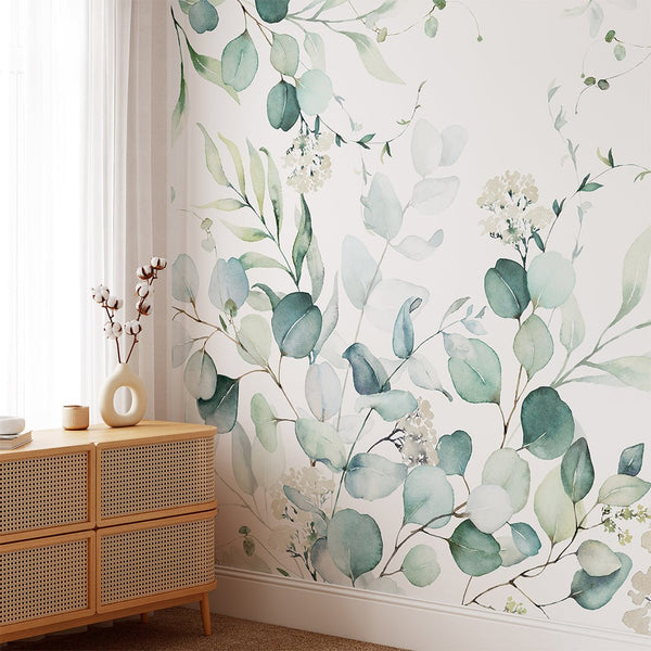 Green Eucalyptus Branches Wall Mural CCM110 - CostaCover - Peel and stick Removable Wallpaper - accent wallpaper - adhesive wallpaper - bathroom wallpaper