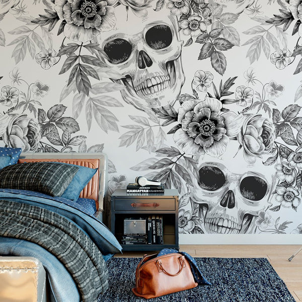 Black & White Skulls Wall Mural CCM065 - CostaCover - Peel and stick Removable Wallpaper - abstract wall art - accent wallpaper - adhesive wallpaper