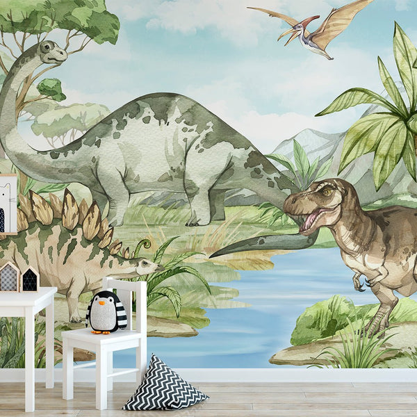 Dinosaurs & River Wall Mural CCM095 - CostaCover - Peel and stick Removable Wallpaper - accent wallpaper - adhesive wallpaper - children wallpaper