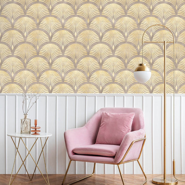 Beige Brown Scallops Wallpaper CC179 - CostaCover - Peel and stick Removable Wallpaper - Abstract Beige Gold Stripes Waves Removable Wallpaper - accent wallpaper - art deco
