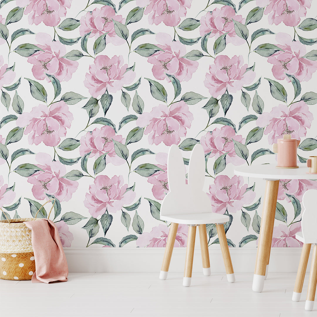 Self Adhesive Pink Peonies Greenery Watercolor Floral Removable Wallpaper CC236