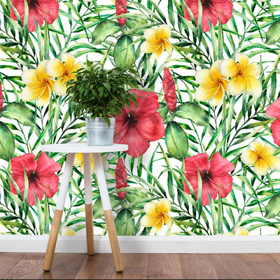 Tropical Colorful Flowers Peel and Stick Wallpaper - Green Palm Leaves Self Adhesive Decal CC038