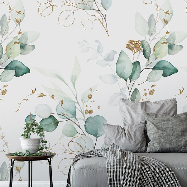 Green Eucalyptus Watercolor Wallpaper CC242 - CostaCover - Peel and stick Removable Wallpaper - 3d wall murals - accent wallpaper - adhesive wallpaper design