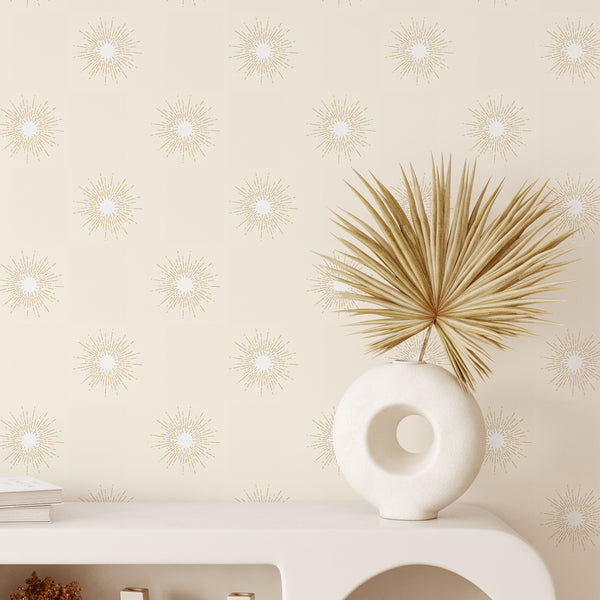 Beige Boho Sun Wallpaper CC273 - CostaCover - Peel and stick Removable Wallpaper - Abstract Beige Gold Stripes Waves Removable Wallpaper - Abstract Beige Gold Stripes Waves Removable Wallpaper near me - Abstract Beige Gold Stripes Waves Removable Wallpaper price