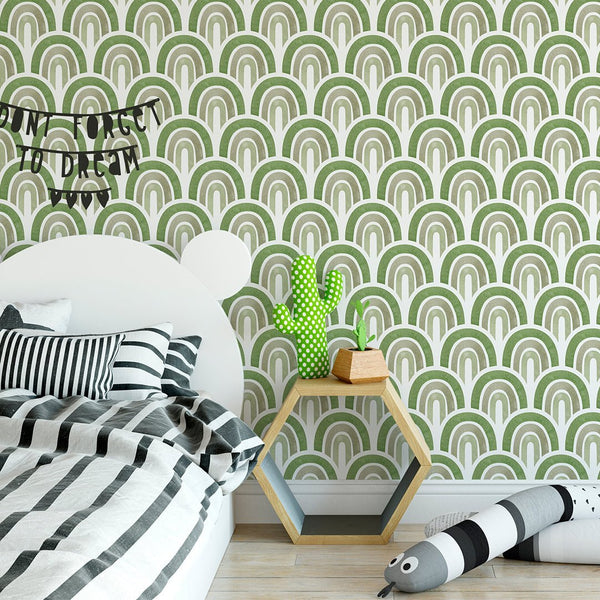 Boho Green Waves Wallpaper CC262 - CostaCover - Peel and stick Removable Wallpaper - accent wallpaper - adhesive wallpaper - children wallpaper