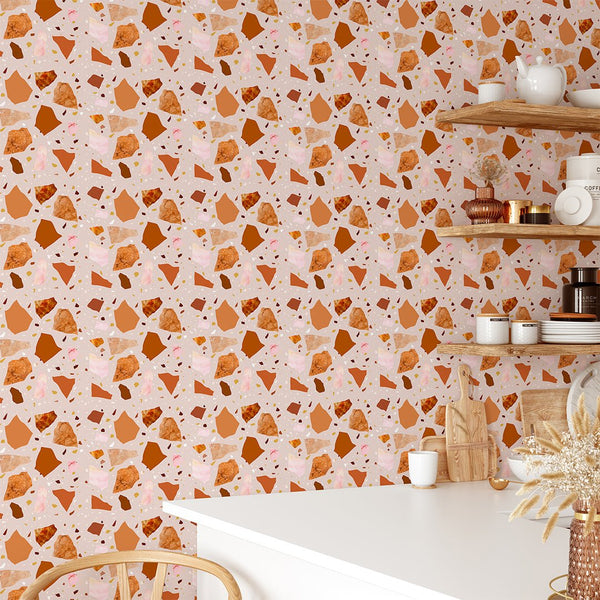 Terracotta & Orange Terrazzo Wallpaper CC267 - CostaCover - Peel and stick Removable Wallpaper - abstract wallpaper - accent wallpaper - adhesive wallpaper