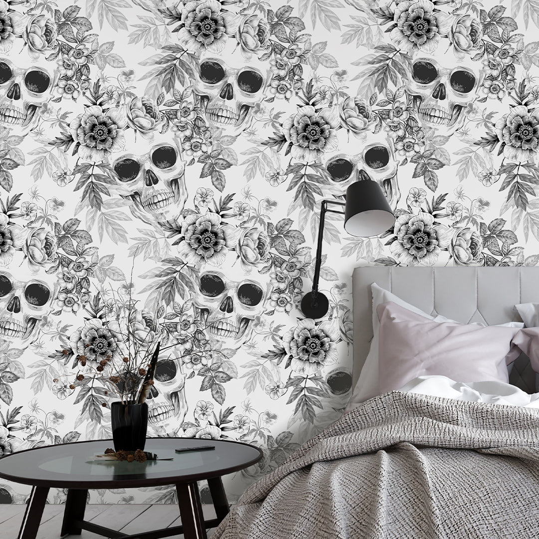 Black & White Skulls Flowers Wallpaper CC256