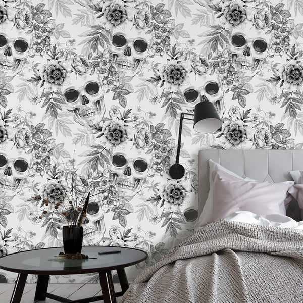 Black & White Skulls Flowers Wallpaper CC256 - CostaCover - Peel and stick Removable Wallpaper - abstract wall art - accent wallpaper - adhesive wallpaper