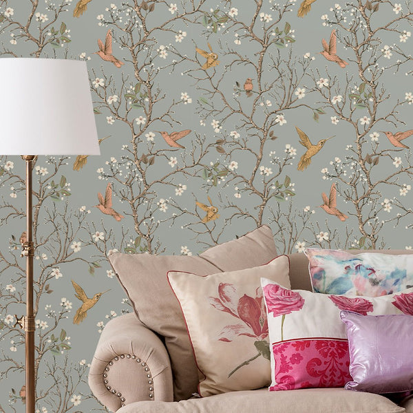 Tree Branch & Hummingbird Wallpaper CC240 - CostaCover - Peel and stick Removable Wallpaper - accent wallpaper - adhesive wallpaper - Animal print wallpaper