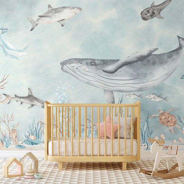 Watercolor Sea World Ocean Fish Wall Mural CCM050 - CostaCover - Peel and stick Removable Wallpaper - 3d wall murals - accent wallpaper - adhesive wallpaper design