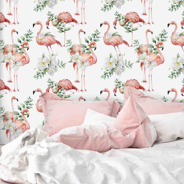 Tropical Flowers & Flamingo Wallpaper CC042 - CostaCover - Peel and stick Removable Wallpaper - accent wallpaper - adhesive wallpaper - bathroom wallpaper