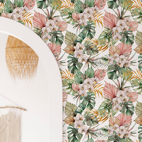 Tropical Pink Orchids Wallpaper CC054 - CostaCover - Peel and stick Removable Wallpaper - accent wallpaper - adhesive wallpaper - bathroom wallpaper