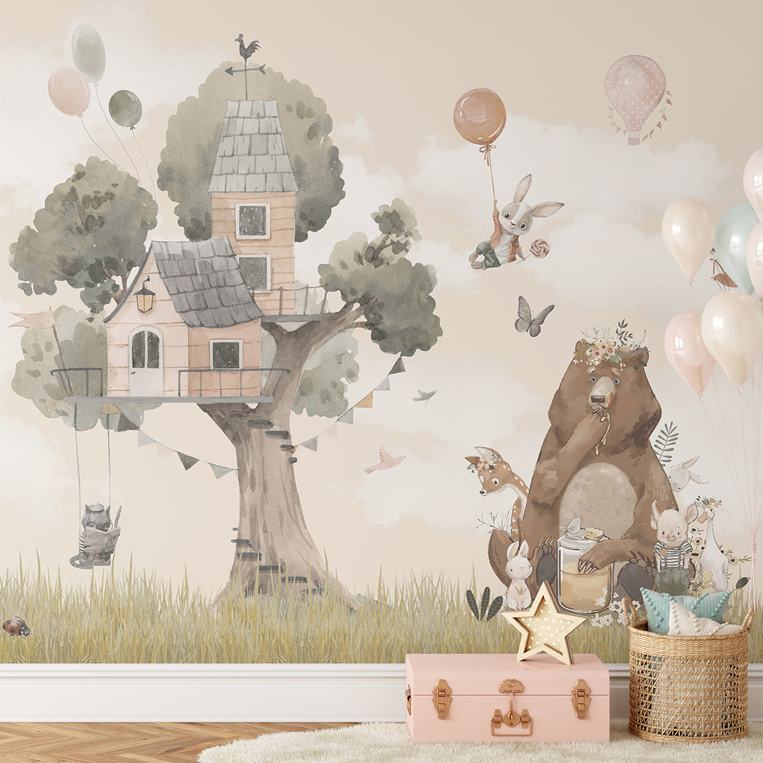 House on the Tree and Cute Animals Self Adhesive Wall Mural CCM090