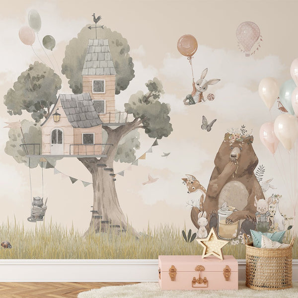 House & Cute Animals Wall Mural CCM090 - CostaCover - Peel and stick Removable Wallpaper - accent wallpaper - adhesive wallpaper - animal print