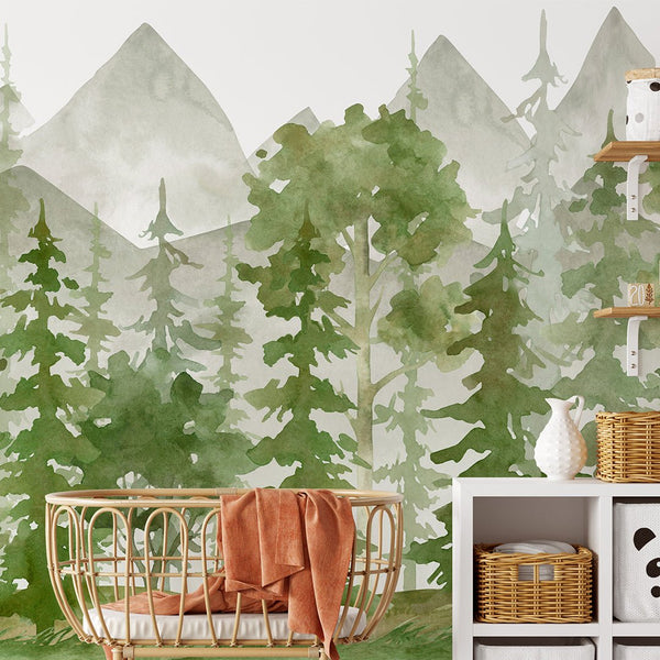 Watercolor Green Forest Wall Mural CCM106 - CostaCover - Peel and stick Removable Wallpaper - accent wallpaper - adhesive wallpaper - bathroom wallpaper