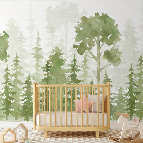Watercolor Pine Tree Forest Wall Mural CCM079 - CostaCover - Peel and stick Removable Wallpaper - accent wallpaper - Decorative wallpaper - fairy kids print