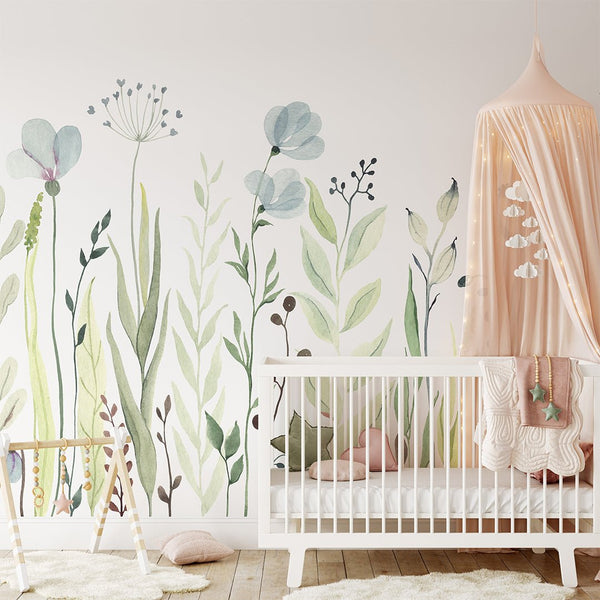 Green & Blue Wildflowers Wall Mural CCM085 - CostaCover - Peel and stick Removable Wallpaper - accent wallpaper - adhesive wallpaper - bedroom wallpaper
