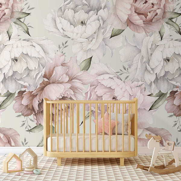Pink & White Peonies Wall Mural CCM027 - CostaCover - Peel and stick Removable Wallpaper - accent wallpaper - adhesive wallpaper - baby bedroom