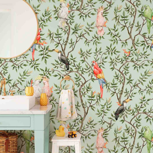 Parrots on Tropical Tree Wallpaper CC035 - CostaCover - Peel and stick Removable Wallpaper - accent wallpaper - adhesive wallpaper - bathroom wallpaper