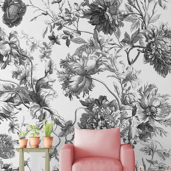 Black & White Flowers Wall Mural CCM052 - CostaCover - Peel and stick Removable Wallpaper - 3d wall murals - abstract wall art - accent wallpaper