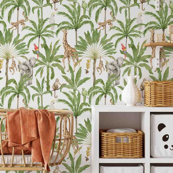 Tropical Animals & Palms Wallpaper CC257 - CostaCover - Peel and stick Removable Wallpaper - accent wallpaper - adhesive wallpaper - animal print