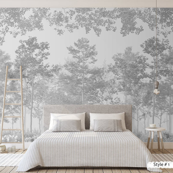 Vintage Smoky Forest mural featuring layered tree trunks in soft charcoal, mid-gray, and pale slate tones, creating depth for serene bedrooms or modern home offices. Removable peel and stick, eco-friendly materials.