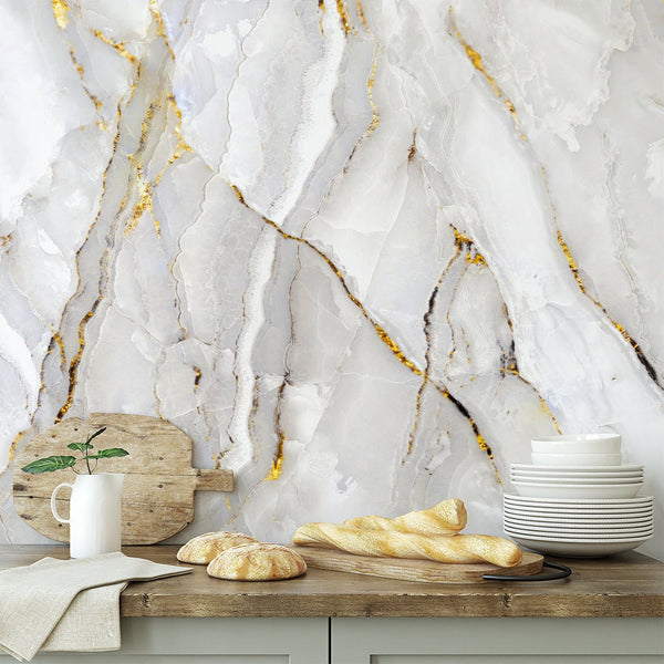 White & Gold Marble Texture Wall Mural CCM030 - CostaCover - Peel and stick Removable Wallpaper - abstract wallpaper - accent wallpaper - adhesive wallpaper