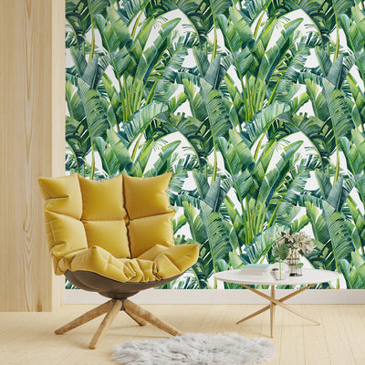 Self Adhesive Watercolor Green Tropical Palm Banana Leaves Wallpaper CC247