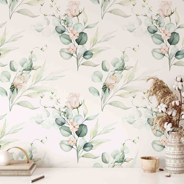 Eucalyptus and Roses Wallpaper CC252 - CostaCover - Peel and stick Removable Wallpaper - 3d wall painting - accent wallpaper - adhesive wallpaper design