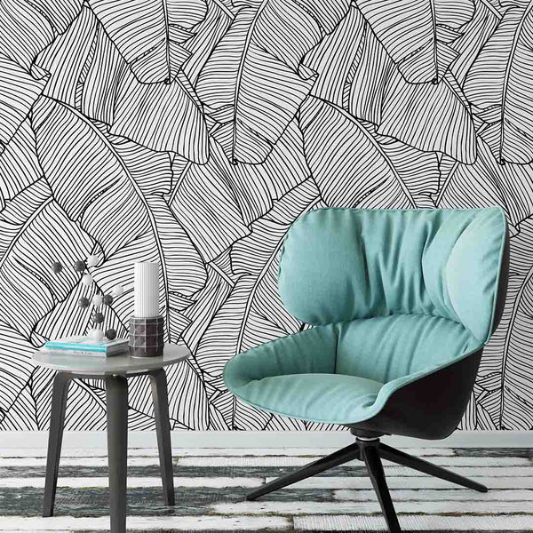 Black & White Banana Leaves Wallpaper CC254 - CostaCover - Peel and stick Removable Wallpaper - accent wallpaper - adhesive wallpaper - banana leaves