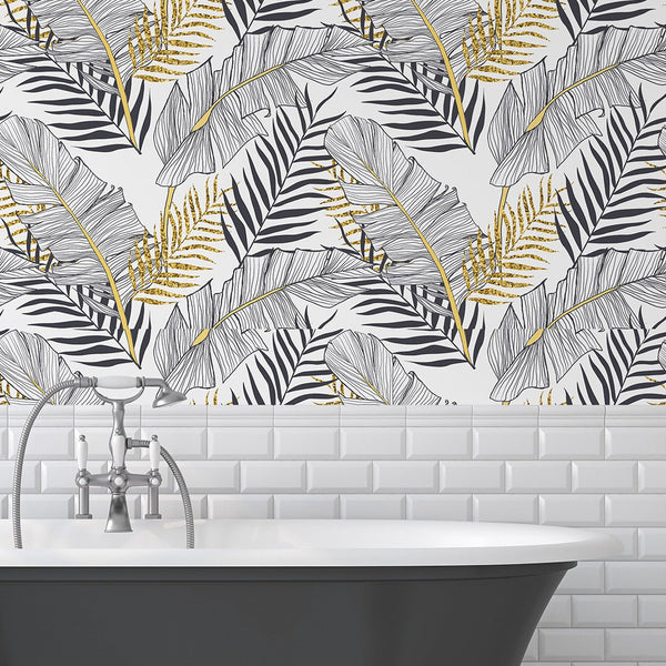 Black Gold Palm Leaves Wallpaper CC234 - CostaCover - Peel and stick Removable Wallpaper - accent wallpaper - adhesive wallpaper - banana leaves