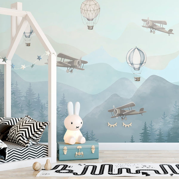 Air Balloons, Airplanes and Mountains Wall Mural CCM088 - CostaCover - Peel and stick Removable Wallpaper - accent wallpaper - adhesive wallpaper - adhesive wallpaper design