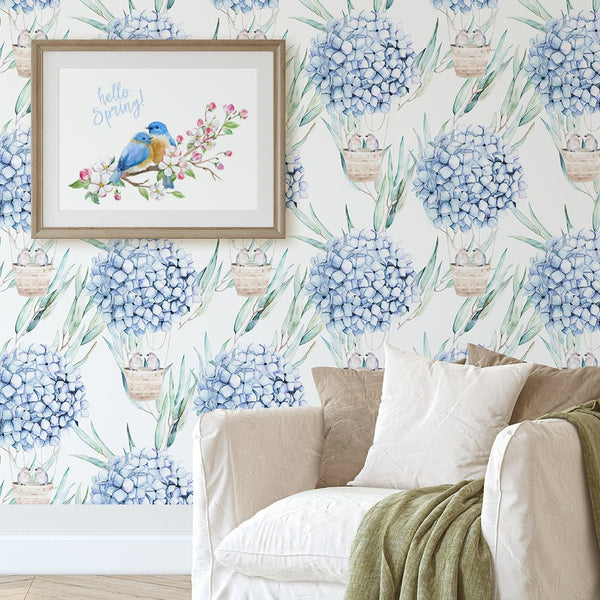 Watercolor Blue Hydrangea Wallpaper CC238 - CostaCover - Peel and stick Removable Wallpaper - accent wallpaper - Aqua blue wallpaper - blue and white