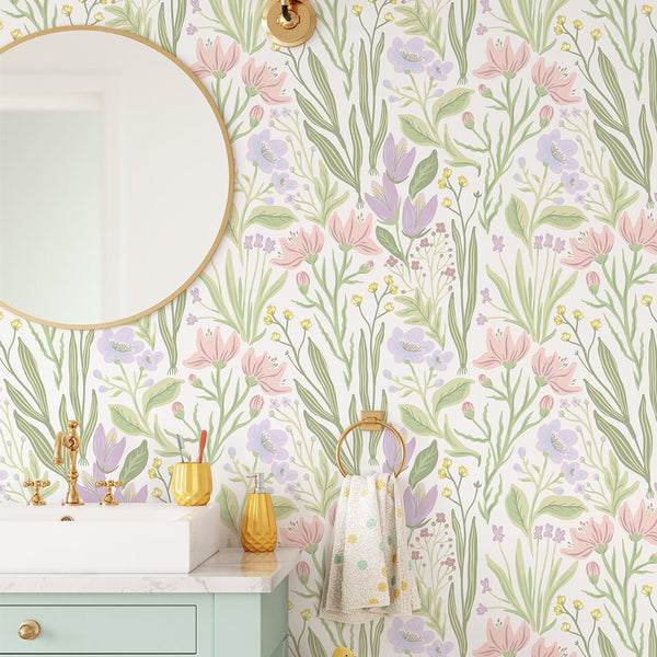 Pastel Flowers Wallpaper CC245 - CostaCover - Peel and stick Removable Wallpaper - 3d wall murals - accent wallpaper - adhesive wallpaper