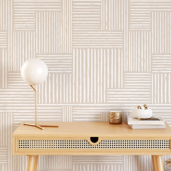 Beige Boho Lines Wallpaper CC188 - CostaCover - Peel and stick Removable Wallpaper - Abstract Beige Gold Stripes Waves Removable Wallpaper near me - accent wallpaper - beige wallpaper