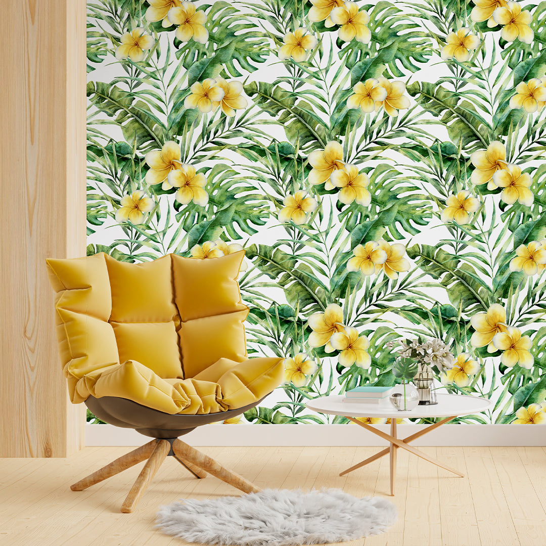 Tropical Flowers and Green Palm Leaves Self Adhesive Decal - Jungle Peel and Stick Wallpaper CC037