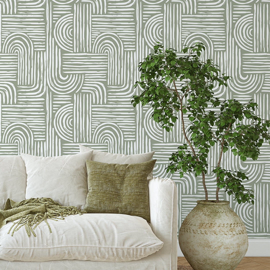 Green Olive Boho Lines Wallpaper CC276
