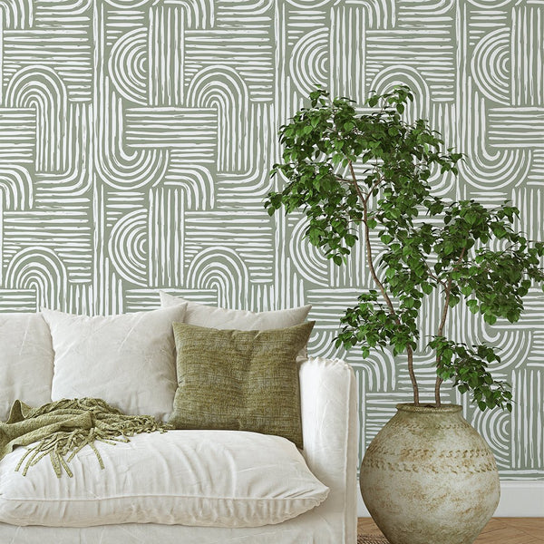 Green Olive Boho Lines Wallpaper CC276 - CostaCover - Peel and stick Removable Wallpaper - Abstract - abstract wallpaper - accent wallpaper
