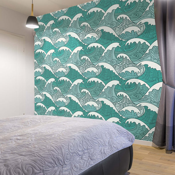 Japanese Green Waves Wallpaper CC096 - CostaCover - Peel and stick Removable Wallpaper - adhesive wallpaper - Backsplash panels - bathroom wallpaper