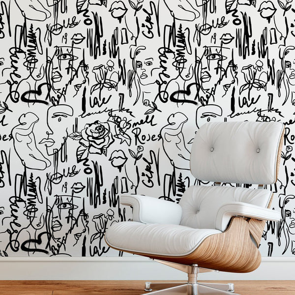 Black & White Female Line Wallpaper CC255 - CostaCover - Peel and stick Removable Wallpaper - Abstract - abstract lines - abstract wall art