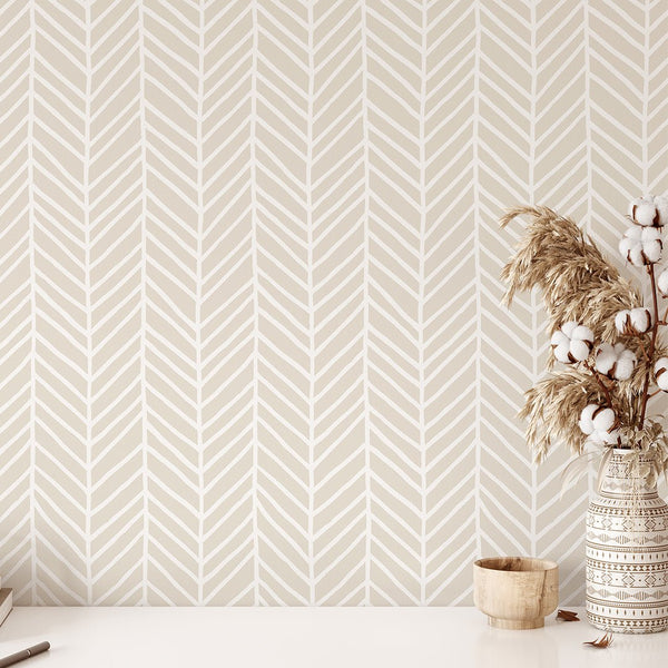 Beige Herringbone Chevron Wallpaper CC031 - CostaCover - Peel and stick Removable Wallpaper - Abstract Beige Gold Stripes Waves Removable Wallpaper near me - accent wallpaper - bedroom interior