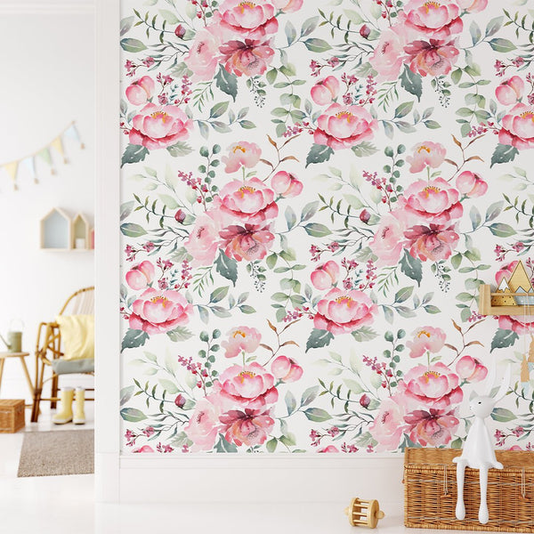 Watercolor Pink Flowers Wallpaper CC239 - CostaCover - Peel and stick Removable Wallpaper - floral - floral wallpaper - Flower decor