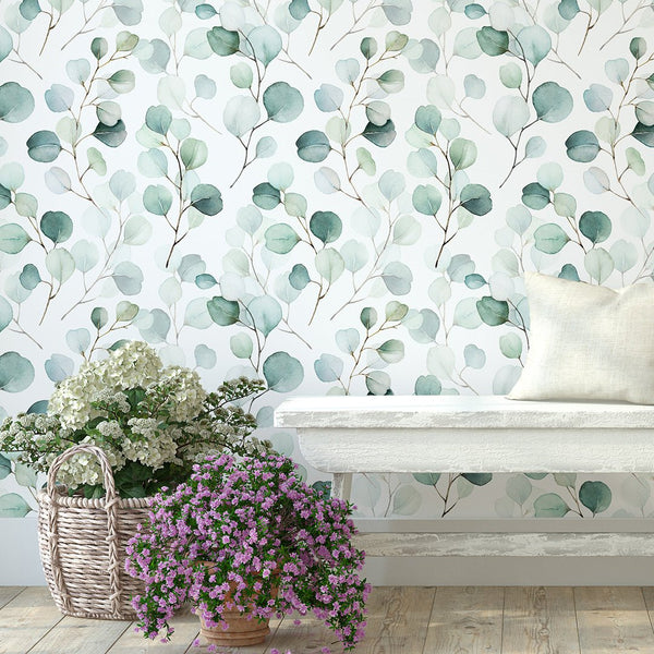 Watercolor Eucalyptus Leaves Wallpaper CC216 - CostaCover - Peel and stick Removable Wallpaper - adhesive wallpaper - Backsplash panels - bathroom wallpaper