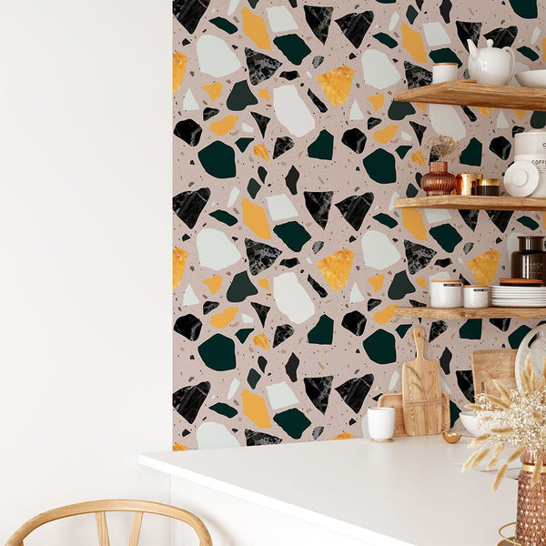 Orange & Black Terrazzo Wallpaper CC268 - CostaCover - Peel and stick Removable Wallpaper - 3d wall murals - 70's style - Abstract