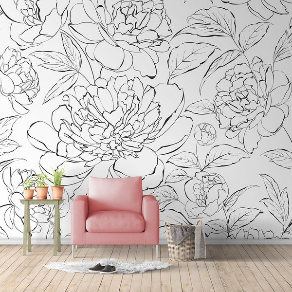 Black & White Line Art Peony Wall Mural CCM077 - CostaCover - Peel and stick Removable Wallpaper - abstract lines - abstract wallpaper - accent wallpaper