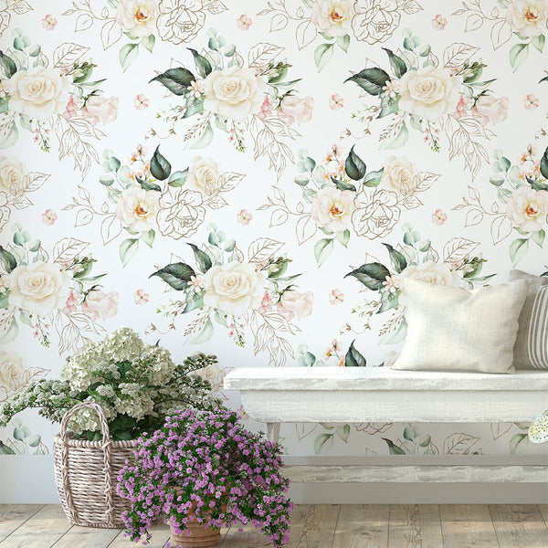 Blush Roses Wallpaper CC243 - CostaCover - Peel and stick Removable Wallpaper - 3d wall murals - accent wallpaper - adhesive wallpaper