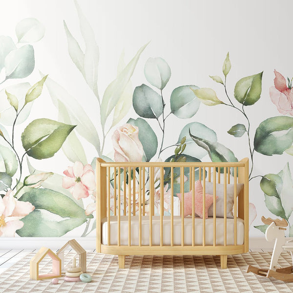 Large Roses and Eucalyptus Wall Mural CCM101 - CostaCover - Peel and stick Removable Wallpaper - 3d wall murals - accent wallpaper - adhesive wallpaper